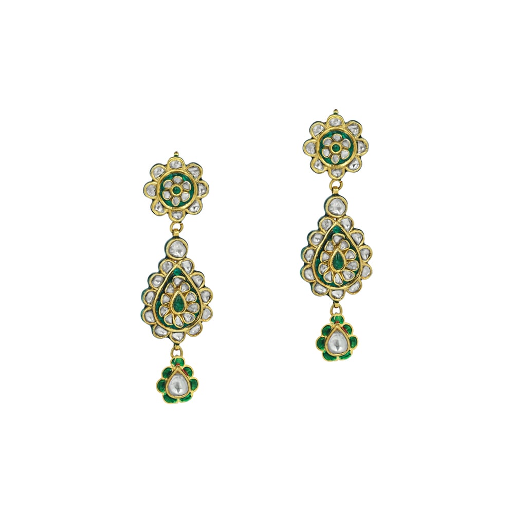 Teardrop Polki Earrings with Green Enamel and Floral Accents